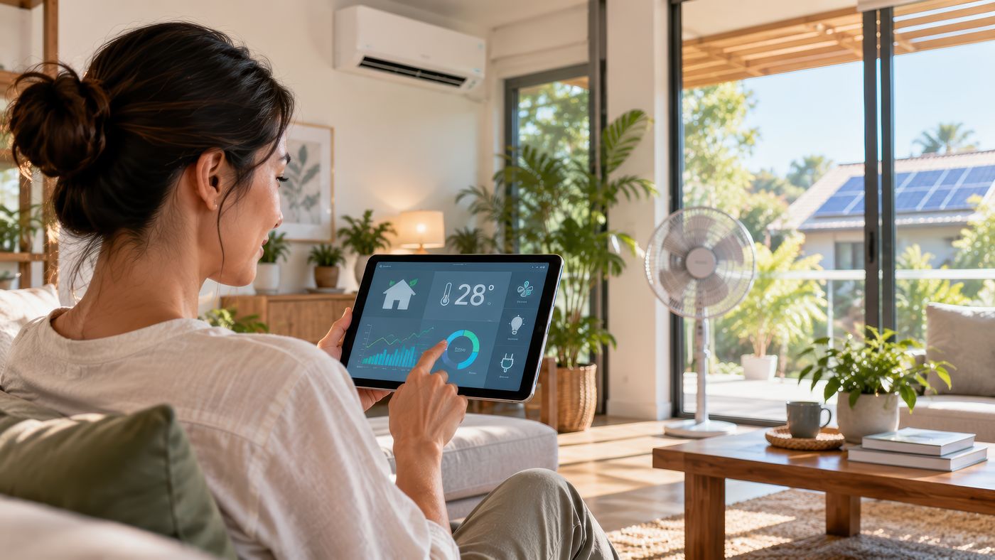 Eine Frau stellt auf einem Tablet die Temperatur ihrer Anlage ein, in einem hellen Wohnraum mit grossen Fenstern.