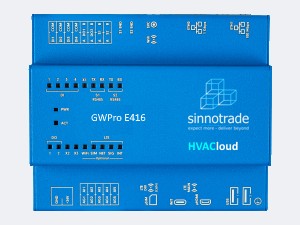 Das GWPro E416, ein blaues Hutschienengerät mit Klemmleisten oben und unten, Statusleuchten und der Aufschrift HVACloud.