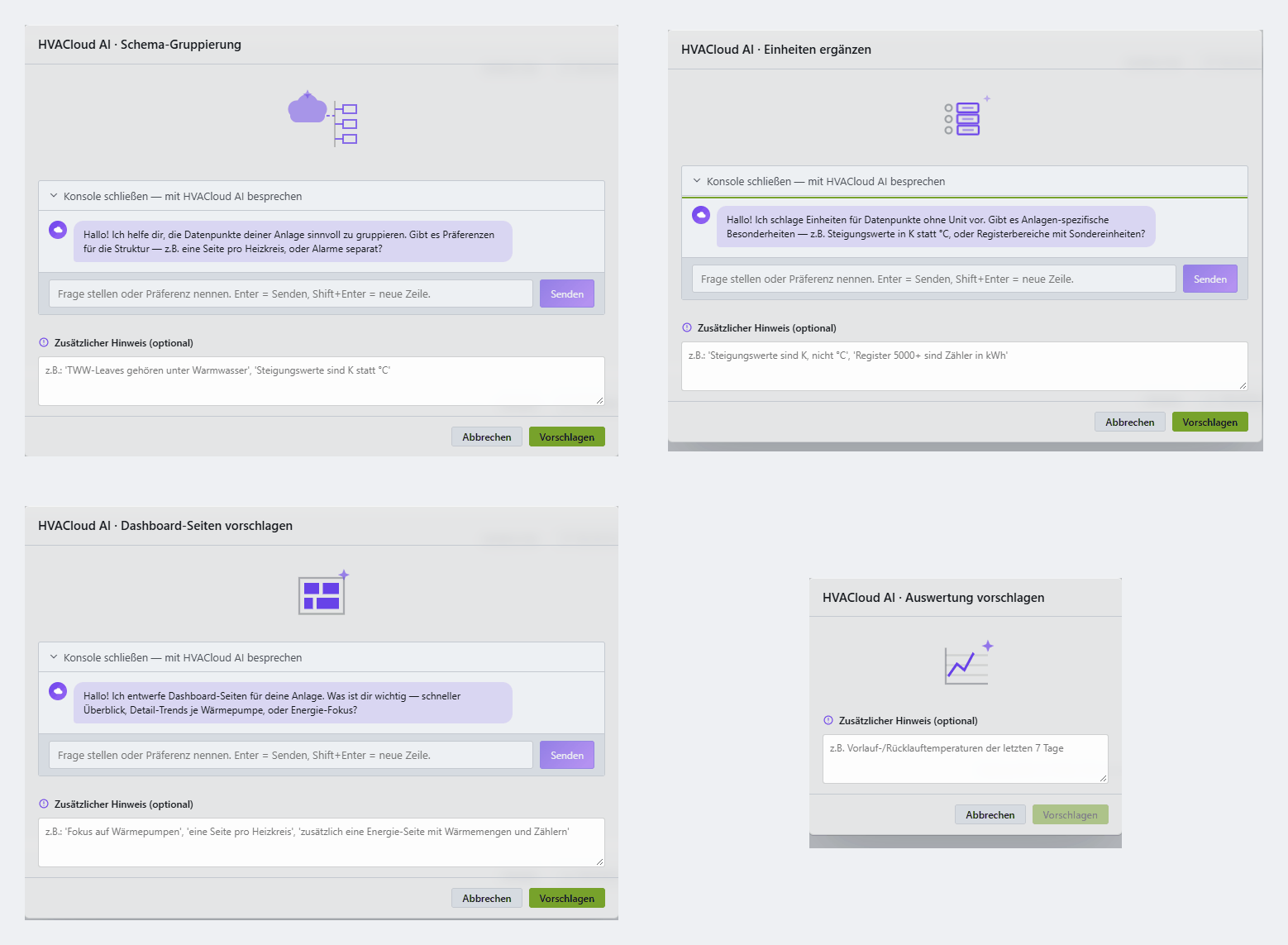 Vier Dialoge nebeneinander: Schema-Gruppierung, Einheiten ergänzen, Dashboard-Seiten vorschlagen und Auswertung vorschlagen. Jeder mit einer Frage der Assistentin, einem Eingabefeld und einem Knopf Vorschlagen.