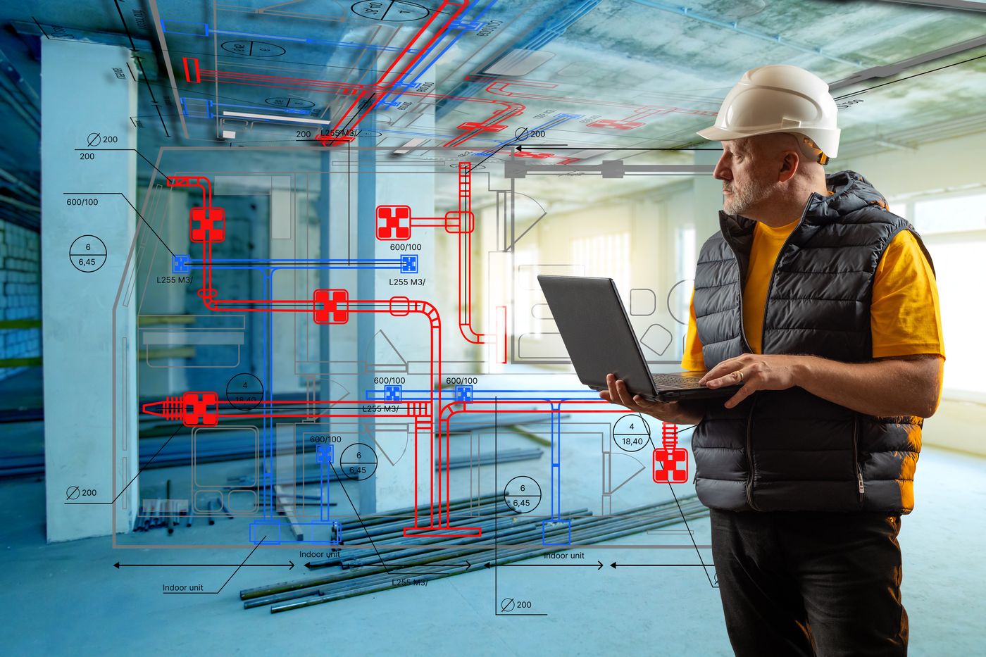 Ein Planer vergleicht auf der Baustelle einen Anlagenplan mit dem Notebook.